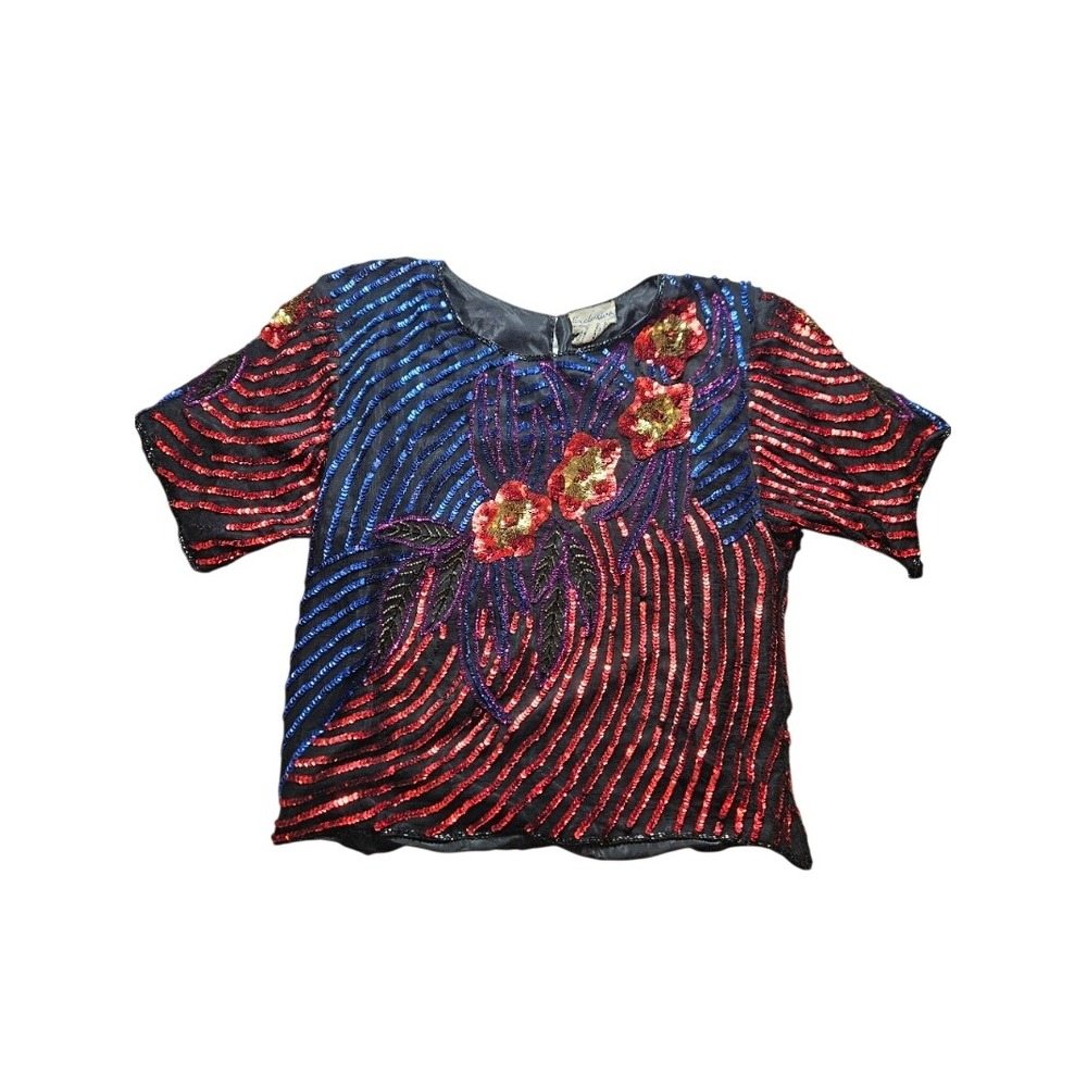 Vintage Exclusive by Jemsons Silk Sequin Beaded Blouse Floral Top Medium